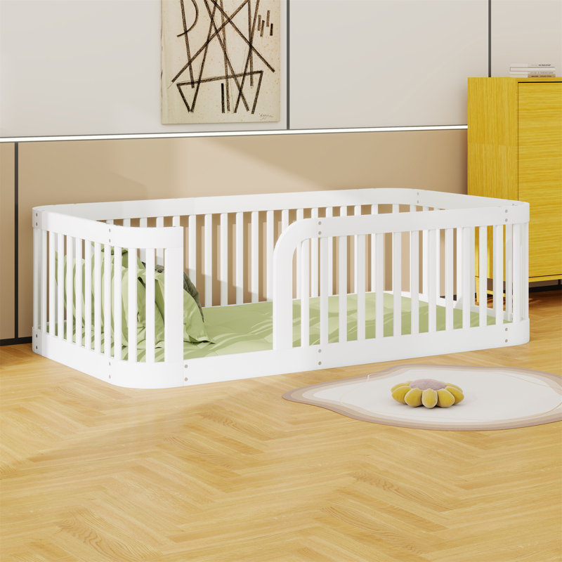 Structure de lit en bois avec clôture, Blanc