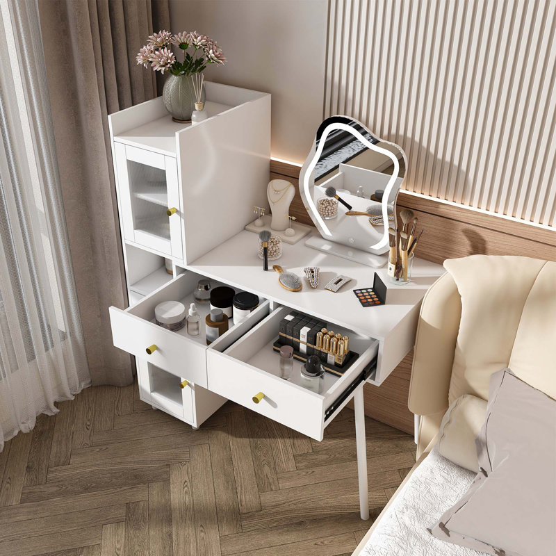 Coiffeuse avec miroir à DEL et rangement - Le bureau de maquillage blanc comprend 3 tiroirs, 2 tablettes ouvertes et 4 armoires cachées - 3 modes d'éclairage réglables - idéal pour la chambre à coucher ou le salon