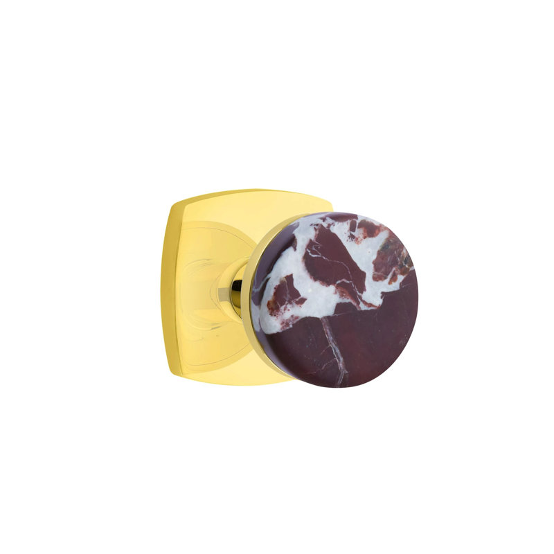 Emtek Select Privacy Knobset w/ Urban Modern Rosette & Conical Stem, Rosso Levanto Marble Knob, Unlacquered Brass