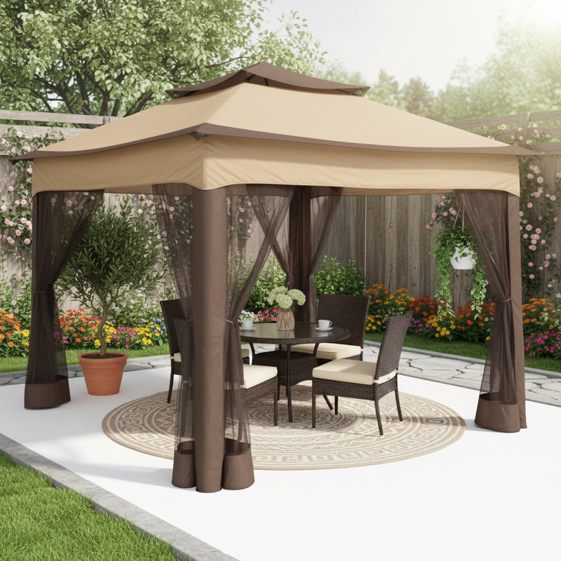 Pavillon de jardin escamotable 11 x 11 avec moustiquaire , Brun