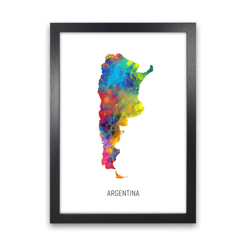 Argentina Watercolour Map by Michael Tompsett - Print, Black Framed, 34cm H x 25cm W x 3cm D