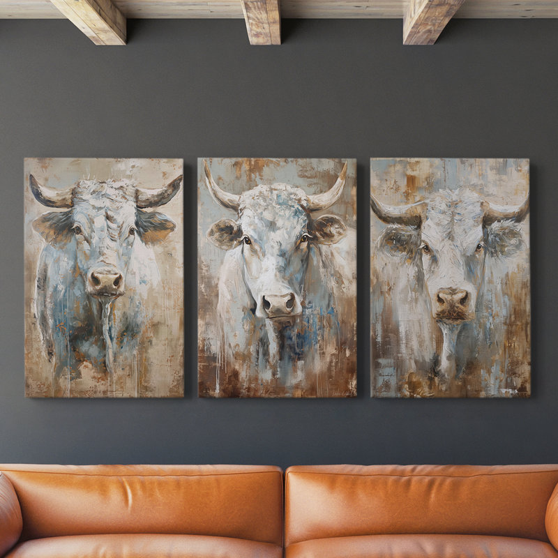 Bovine Study Series XLVII -Set Of 3 Gallery Wrapped Canvas -Ready to Hang, 27" H x 18" W
