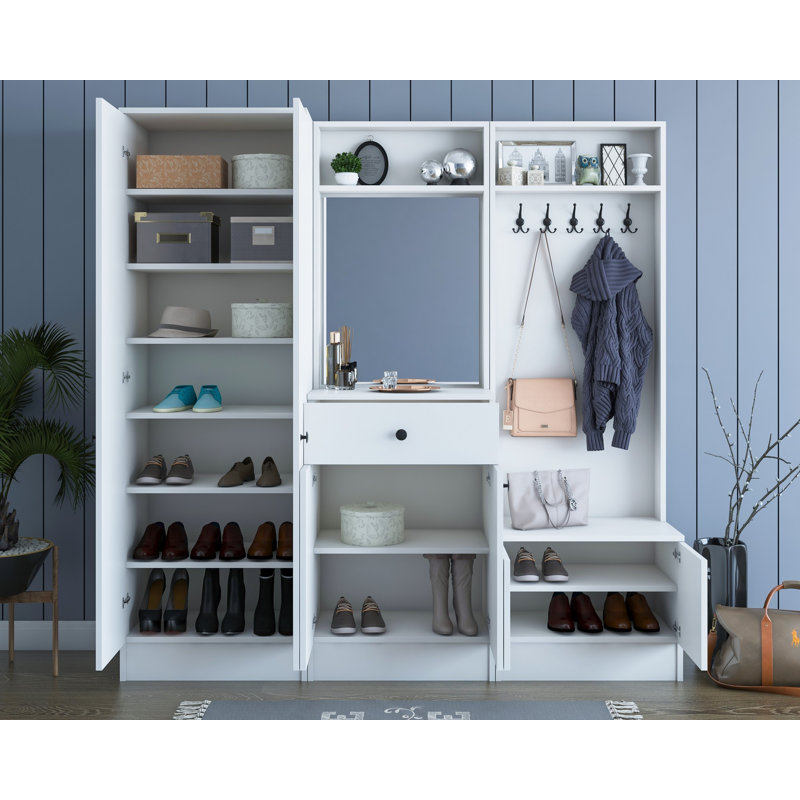 Stylish Hall Stand with Mirror, White, 70.7 x 72.0 x 14.7 inches | 100% Melamine Coated Particle Board, Thickness: 0.7 inches | 1 Drawer, Multipurpose Hanging Rack, Numerous Shelves, Wall-Mountable Design