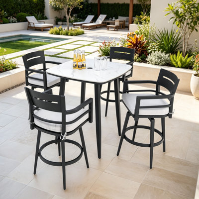 Everly Aluminum Outdoor Patio Bar Set Including 4 Swivel Bar Chairs With Sunbrella Seat Cushion & 35.4W" Square Bar Table With Umbrella Hole