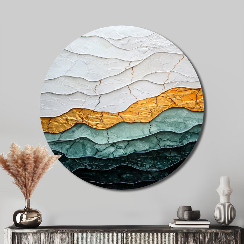 «Ethereal Abstract Wave Dream - Art mural rond moderne abstrait, art mural rond en métal doré, H 16 po x l 16 po