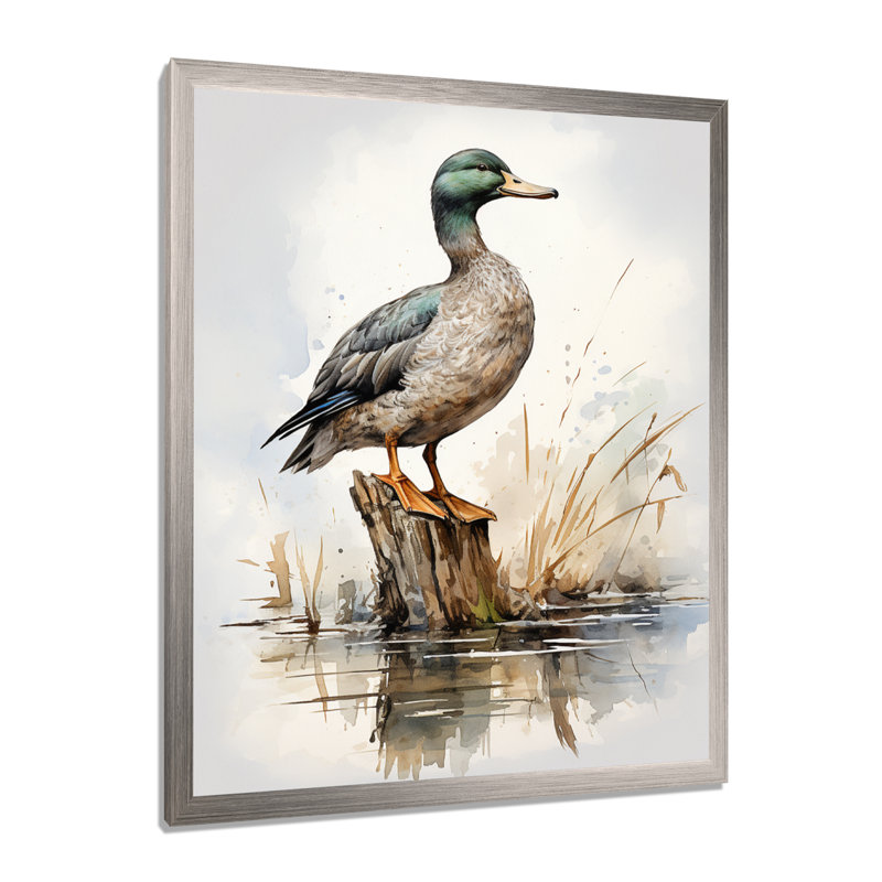Canard colvert minimaliste à l'étang II - canard, art mural encadré, Cadre simple argenté, H 40 po x l 30 po x P 1,5 po
