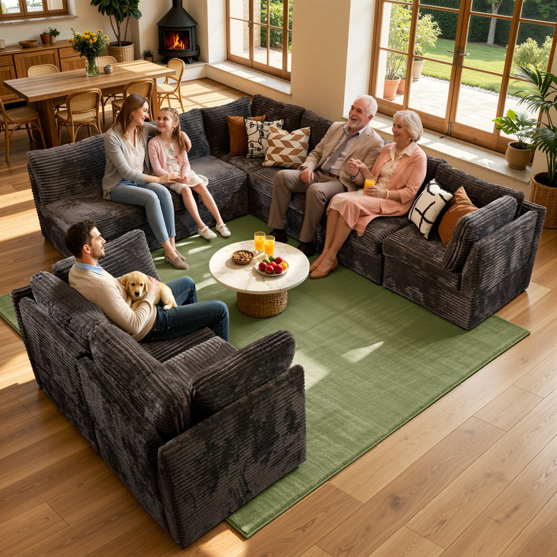 Ensemble de canapé modulaire en velours côtelé en L 8 pièces avec causeuse Hgo, Gris moelleux
