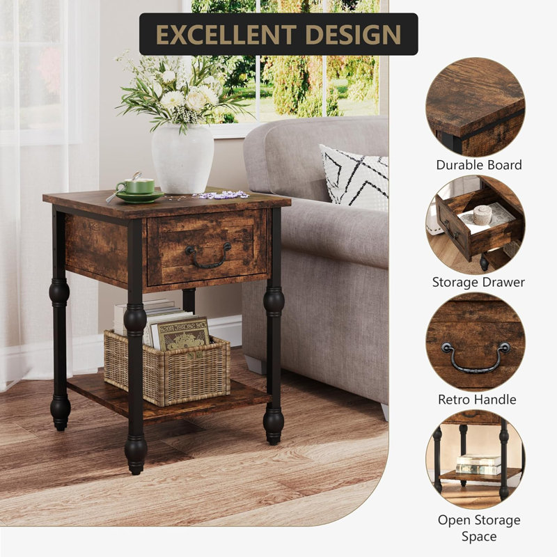 2-Tier Industrial Side Table with Drawer and Open Storage Shelf – Rustic Brown and Black Nightstand for Bedroom, Study, and Living Room – Space Saving End Table and Storage Solution