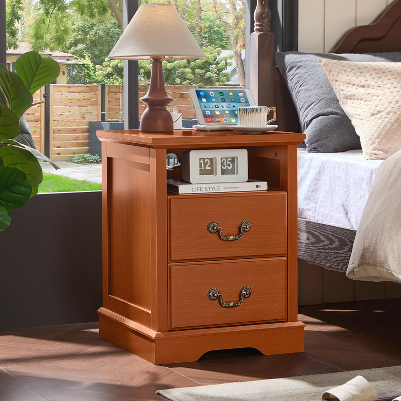 Farmhouse Nightstands with Charging Station,18" End Table with 2 Drawers,Farmhouse Nightstand with Vintage Handles, Bedside Cabinet for Bedroom (Caramel)