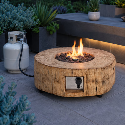 30,000 BTU Round Outdoor Propane Fire Pit Table with Wood-Grain Finish, Lava Rocks and Protective Cover