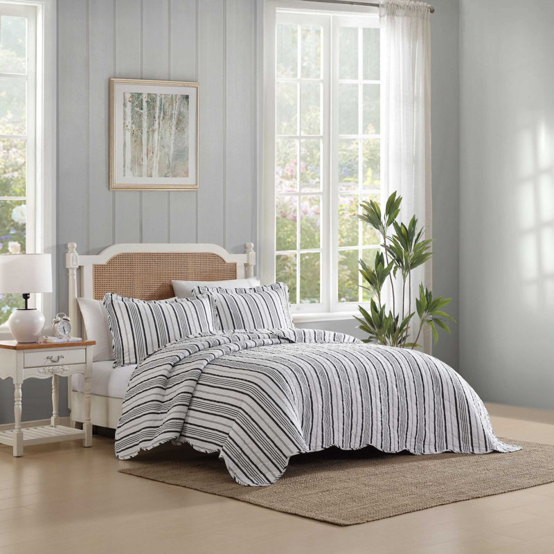 Ensemble de courtepointe réversible en coton Laura Ashley, Courtepointe très grand et 2 très grandes taies , Gris à rayures