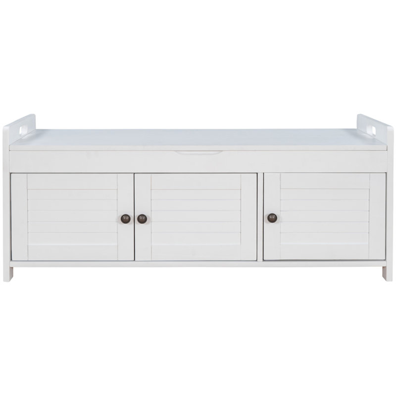 Banc de rangement avec 3 portes en forme de volet, banc à chaussures avec coussin amovible et espace de rangement caché 