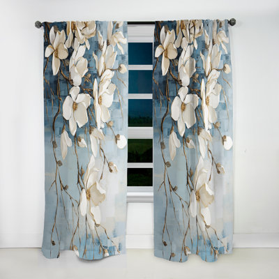 Floral Curtain Panel, Blue Gold Magnolia Pattern Blackout Decor - Blue And Gold Painted Magnolias VI