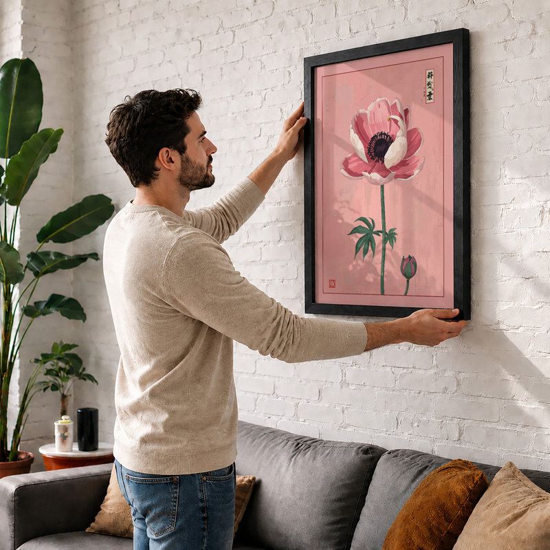 Pink Poppy Study Japandi - Framed Print, A1 - 84.1 x 59.4 cm, Walnut