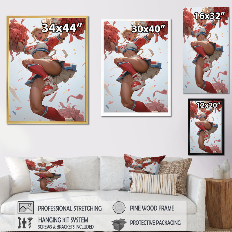 " Playful Dancing Cheerleader I ", Black Floater Framed, 32" H x 16" W x 1" D