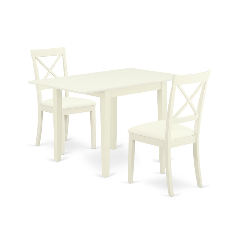 3 Piece Dining Room Table Set Contains a Rectangle Dining Table with Dropleaf and 2 Faux Leather Upholstered Chairs, Linen White
