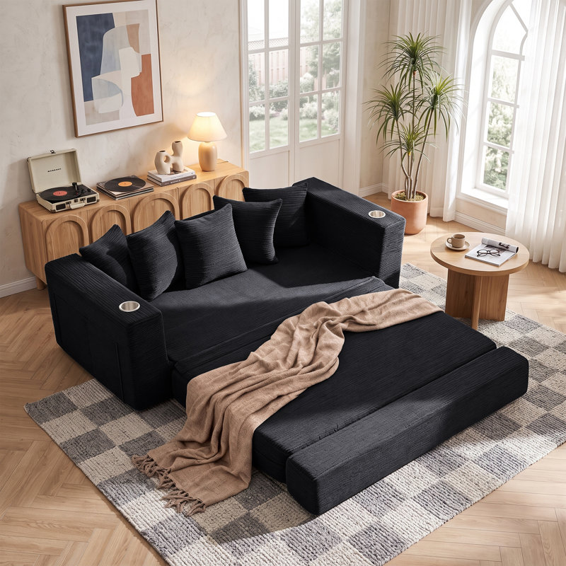 Boneless Compression Corduroy Convertible Sleeper Sofa Bed, 2-in-1 Loveseat Sofa with Cup Holders & Side Storage Pocket