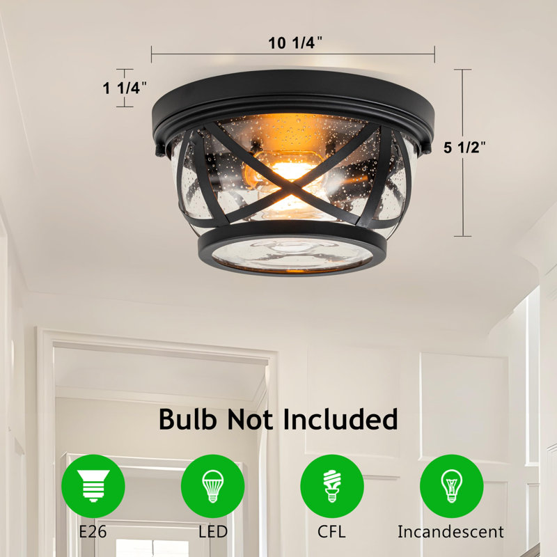 Flush Mount Ceiling Light Fixture Black, 2-Light Modern Farmhouse Porch Light Ceiling Mount, Indoor Flush Mount Lights Fixture With Seeded Glass