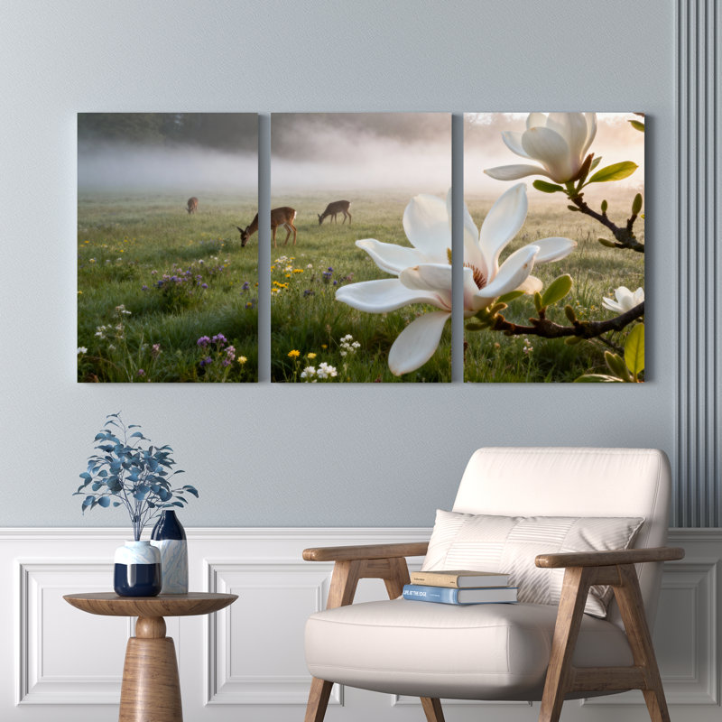 Ensemble de 3 toiles murales représentant un paysage de cerfs et de magnolias, pour la décoration du salon et de la chambre.