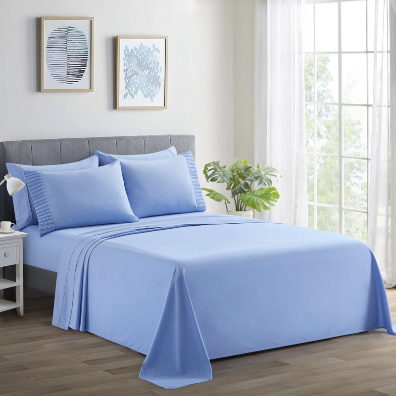 Marina Decoration Home Bedding Bedroom essentials Bedsheet Ultra Soft Silky Deep Pocket Solid Cooling Rayon from Bamboo All Season Pleated 6 Pieces Sheet Set with 4 Pillowcases, Light Blue Colour Queen Size