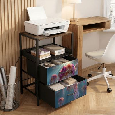 Table de chevet 2 tiroirs avec station de charge, table de chevet pour chambre avec ports USB, tablette ouverte noire, table de chevet avec imprimé méduse flottant rose