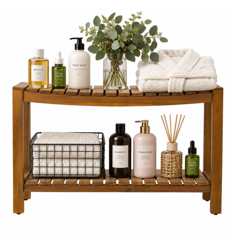 32" W Indoor/Outdoor Teak Shower Bench, Garden Teak Bench with Non-Slip Feet, Outdoor Swimming Pool Beach Bench