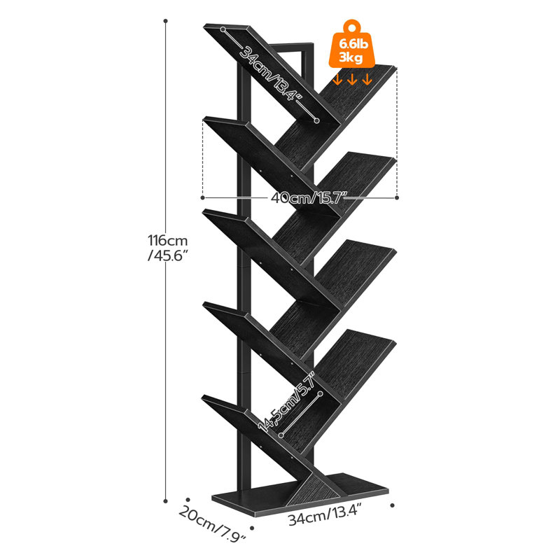 Bibliothèque en arbre, (9 tablettes) H 45,6 po x l 13,4 po x P 7,9 po, Noir