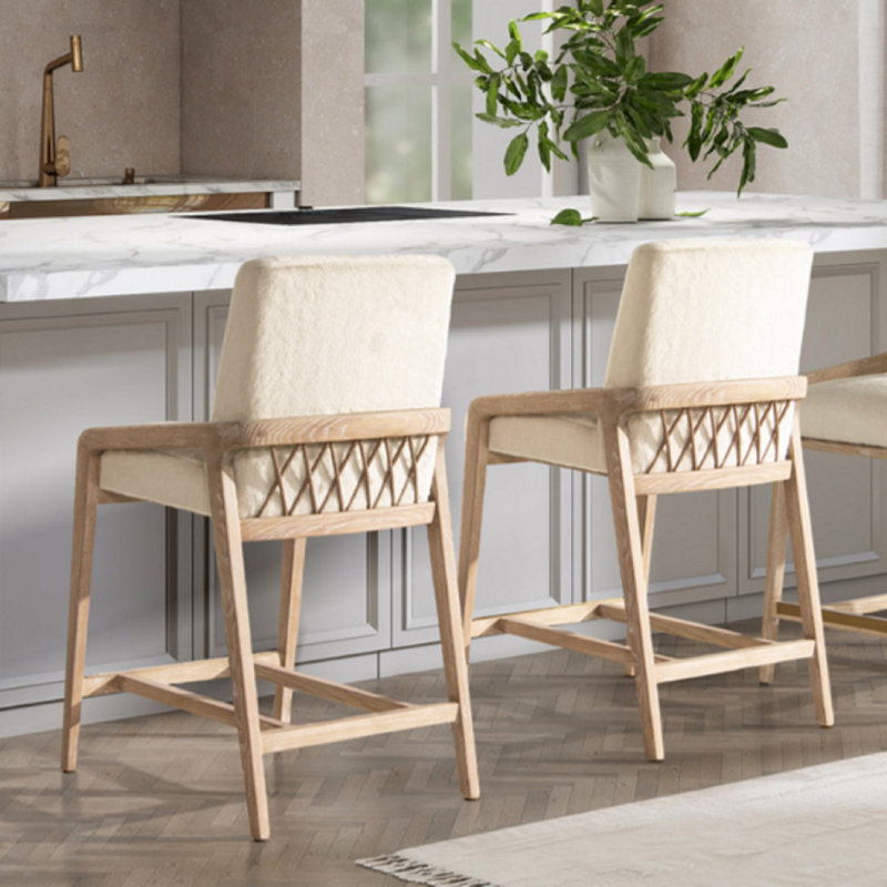 Arizona 25.5" Ash Wood and White Faux Fur Counter Stool