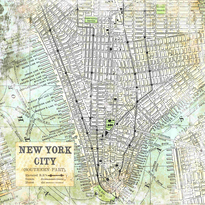 Nyc Map Lines Ivory - patiné, reproduction sur toile tendue, L 12 po x H 12 po