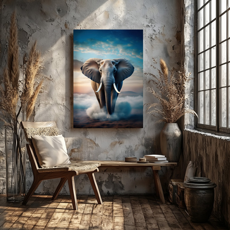 Toile, "Un majestueux éléphant avec de grandes oreilles évasées et des défenses proéminentes", H 30 po x l 30 po