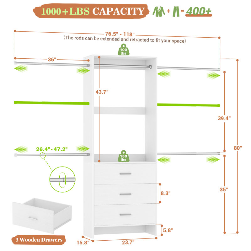 Closet Organizer With 3 Wooden Drawers And 4 Hanging Rods