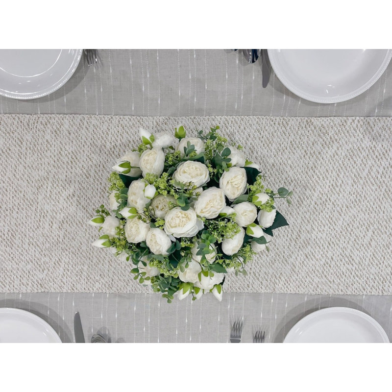 French Country White Peony Stems With Baby Green Spray - Faux Peonies For Home Décor