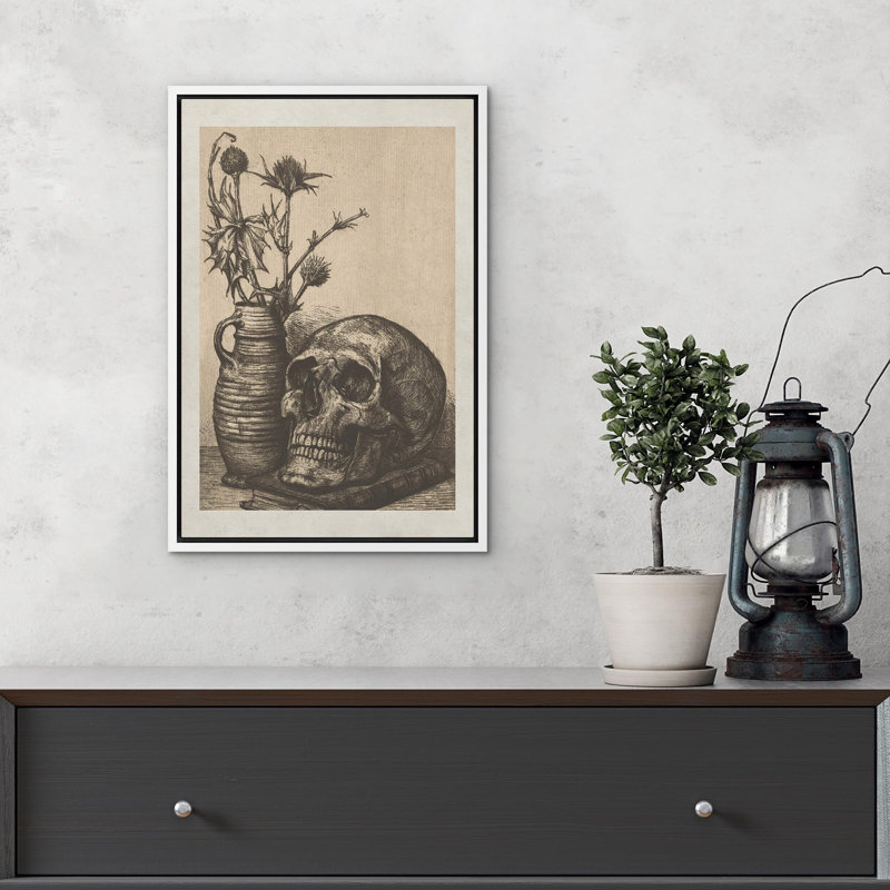 Crâne rétro et chardon plante Moody foncé, œuvres d'art moderne, décor, Cadre flottant blanc, H 36 po x l 24 po