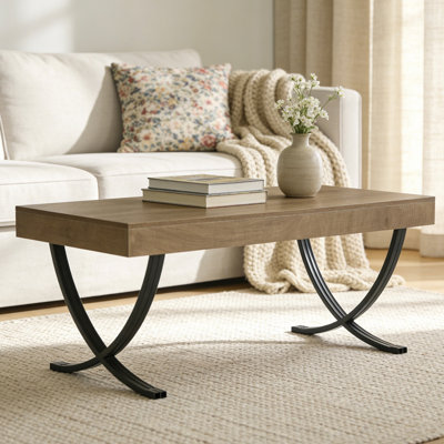 47.24" Wooden Coffee Table With X-shaped Curved Metal Legs For Living Room Center