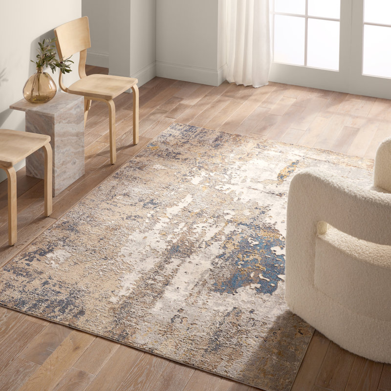 Tapis rectangulaire argenté / bleu marine en polyester tissé à la machine Fynnegan, Rectangle de 10 pi x 14 pi