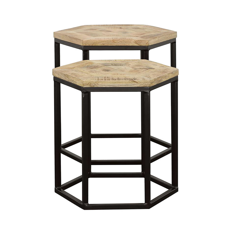 Modern 2 Nesting Tables With Hexagonal Wood Tops And Slim Black Metal Frames For Living Space Hexagon-Shaped Rustic Home Decoration