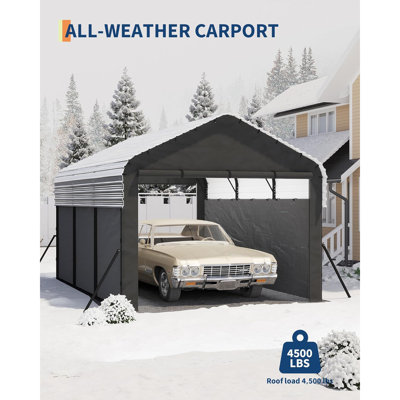 Abri de voiture robuste en métal 10 pi x 15 pi avec structure en acier et toile de garage en PE fermée de 220 g, toutes saisons, pour berline, bateau, remorque et petit véhicule récréatif