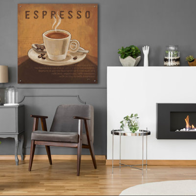  «Coffee And Co 3 Teal and Gray» par Janelle Penner, art mural en verre acrylique, 24 po x 24 po