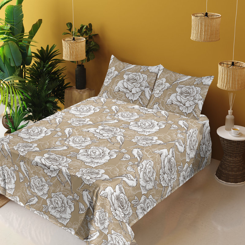 Ambesonne Watercolor Botany Sheet Set 4 Pcs Retro Boho Bloom, Queen Sheet Set with 2 Pillowcases, Dark Khaki White Floral