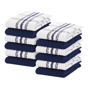 100% Linen Kitchen Tea Towel in Side Check Stripe White/Blue