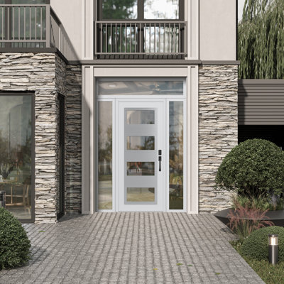 C2 Panel Silver Steel White/White With 2 Sidelites And Transom Prehung Front Entry Door