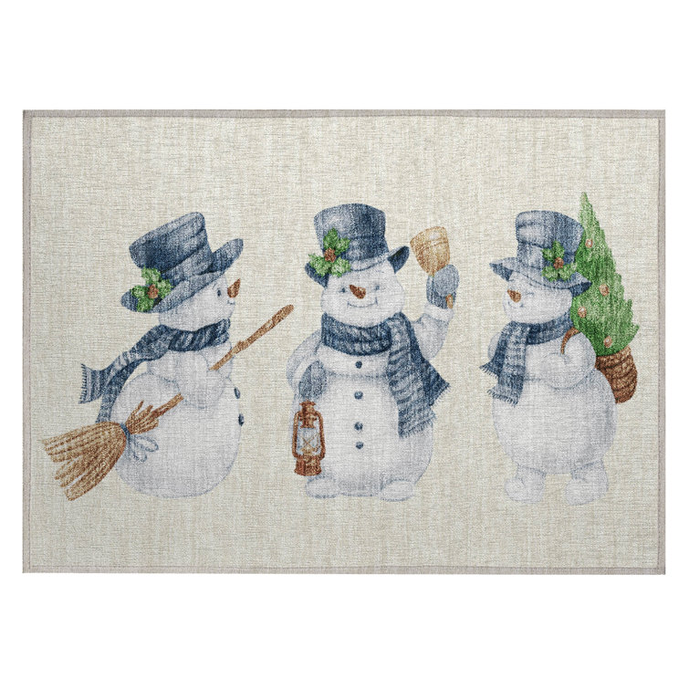 Machine Washable Indoor/Outdoor Christmas Snowman Xhevrie Ivory Rug