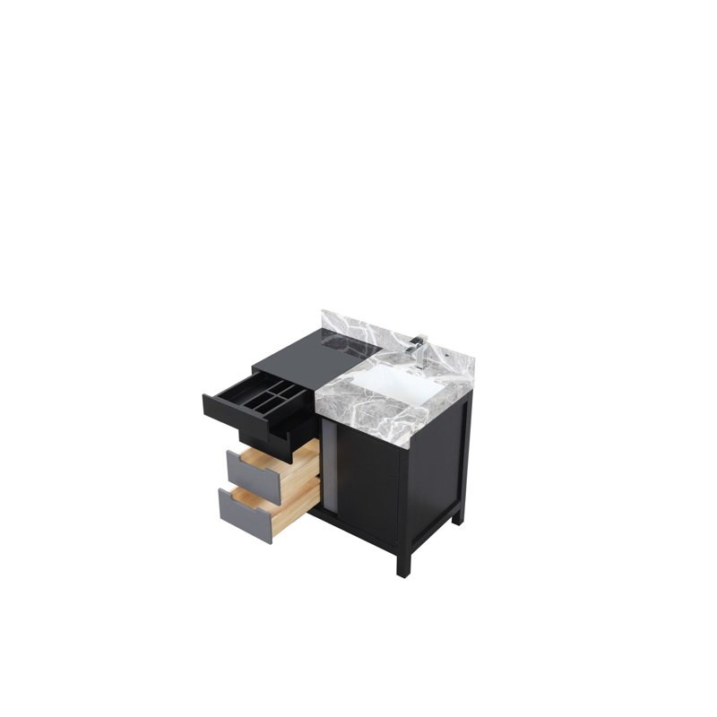 Ensemble de meuble-lavabo noir et gris l 36 po x P 22 po, comptoir en marbre gris château et robinet chromé