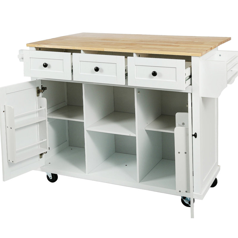 Chariot de cuisine avec comptoir en bois d'hévéa, 5 roulettes, armoire de rangement et 3 tiroirs pour la salle à manger, pieds et structure blancs