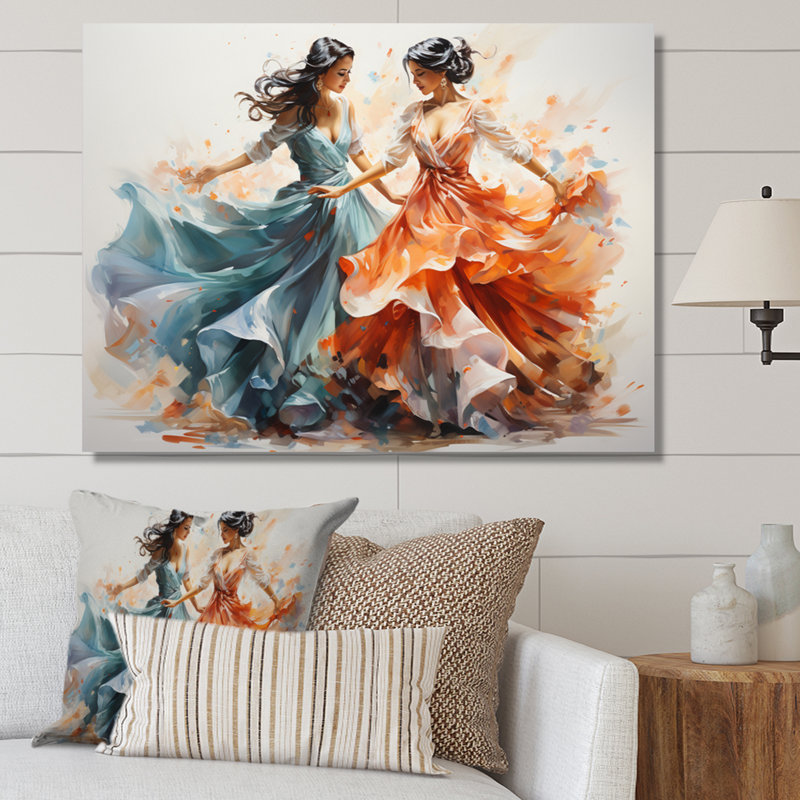 «Peach Blue Indian Art Kathak Dancers», reproduction d'art sur toile, H 12 po x l 20 po, Toile tendue