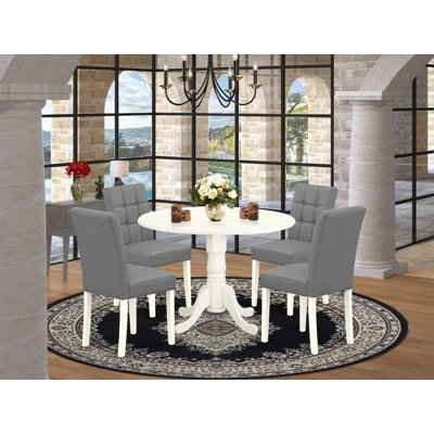 5 Piece Dining Table Set contain A Modern Table and 4 Platinum Gray Polyester Fabric Parson Chairs with Stylish Back- Linen White Finish