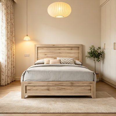 Nissha Natural Oak Queen Panel Bed Frame with Headboard and Footboard