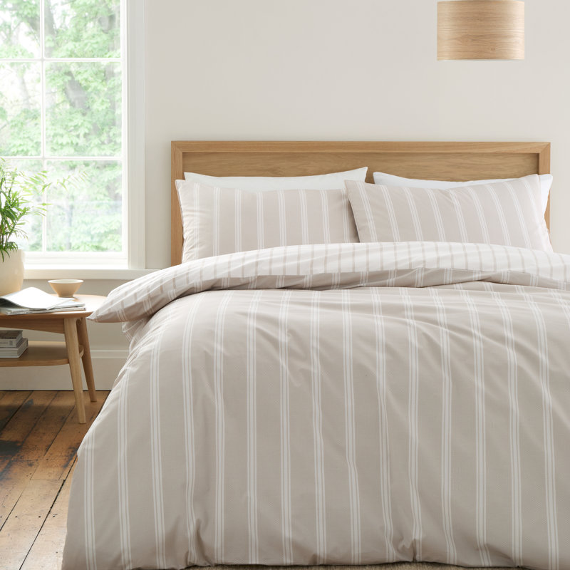 Ashford Stripe 200 Thread Count Cotton Percale Reversible Duvet Cover Set, Beige, King Duvet Cover Set + 2 Pillowcases