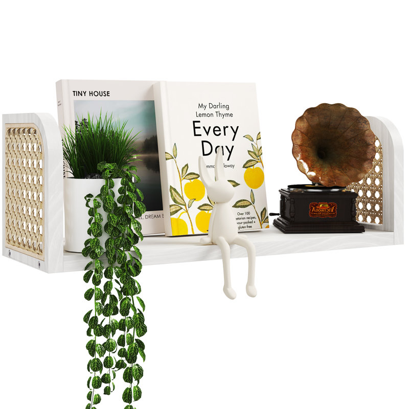 17 Inch Rattan Wall Shelf, Wooden Hanging Bookshelf Storage, Natural Cute Nursery Shelves Wall Mounted, Boho Decorative Floating Shelves For Kids Room, Living Room, Play Room, Bedroom