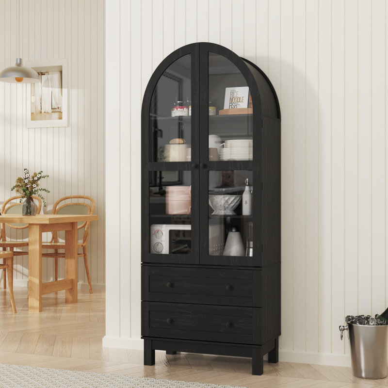 Garde-manger arqué de 71 po de hauteur, armoire de rangement Kitchens Pantry avec 2 grands tiroirs et tablettes réglables, armoire de style campagne moderne et polyvalente pour la cuisine, la salle à manger, la salle de bain, noir
